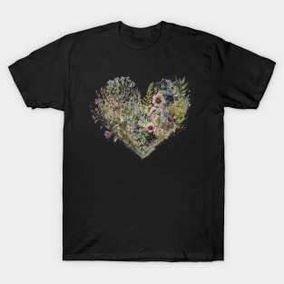 Floral Garden Botanical Print with wild flowers Heart Valentines T-Shirt